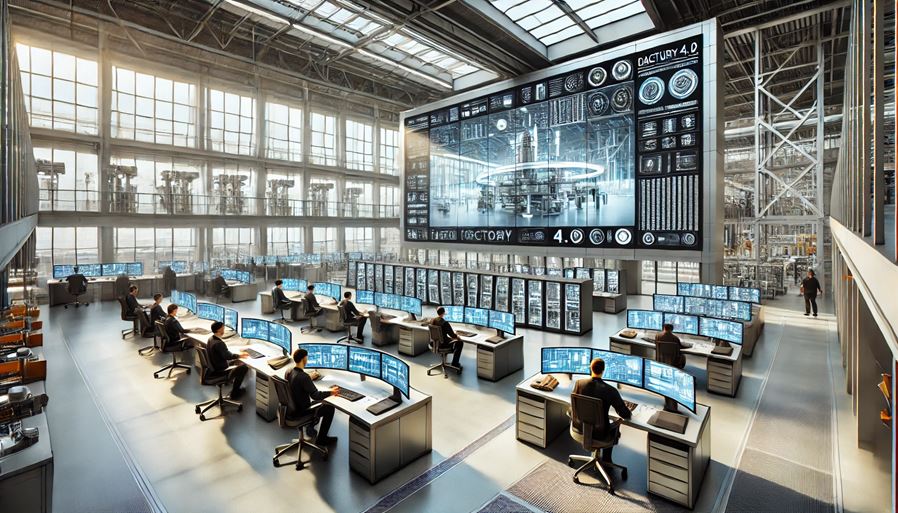 DALL·E 2025-03-21 18.25.23 - Interior view from inside the spacious and modern control room of a Factory 4.0 facility. The room is brightly lit with natural light, featuring a lar.png